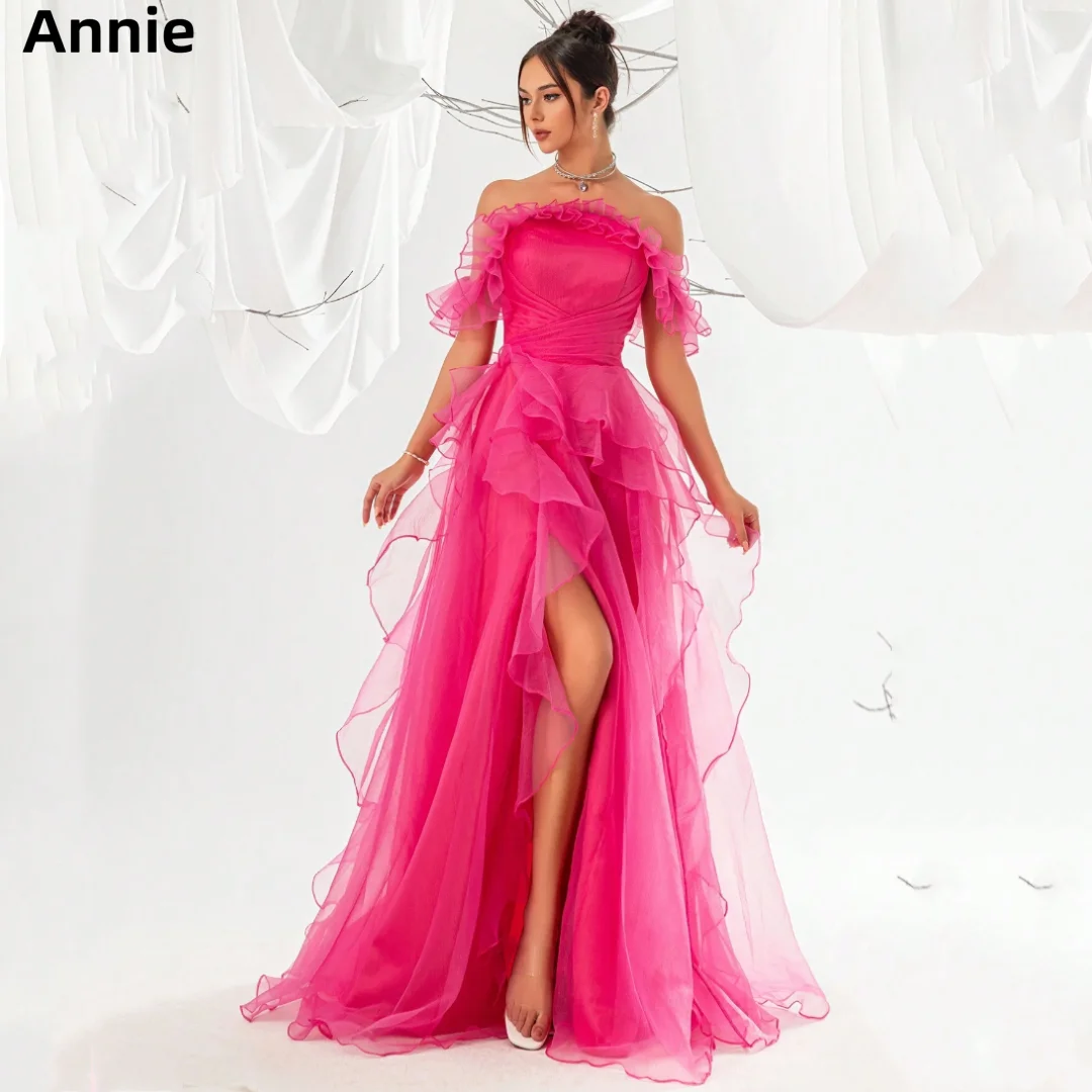 Annie Sweetheart Hot Pink Prom Dresses Organza Layering Evening Dresses Sexy Off-shoulder Side Slit Wedding Party Dress