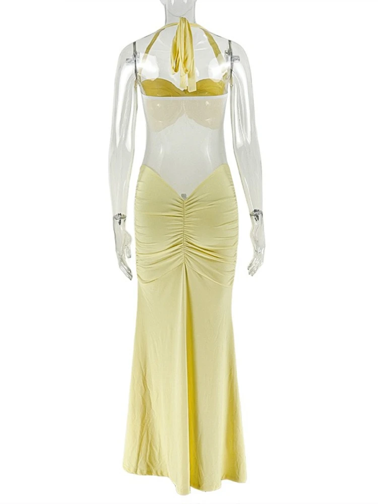 Sukienka długa Foamlina z krzyżującymi się ramiączkami, marszczeniami, seksowna, damska, modna, z prześwitującą siateczką, dopasowana, bez pleców, suknia wieczorowa 2025