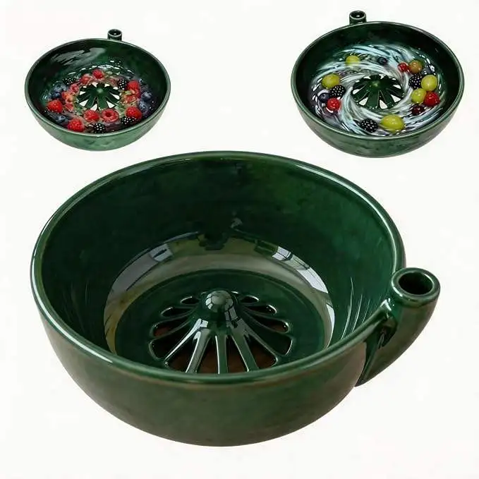Fruit Vegetable Washer Ceramic Self Spinning Berry Bowl 2-in-1 Colander with Drain for Kitchen Camping Picnic Outdoor