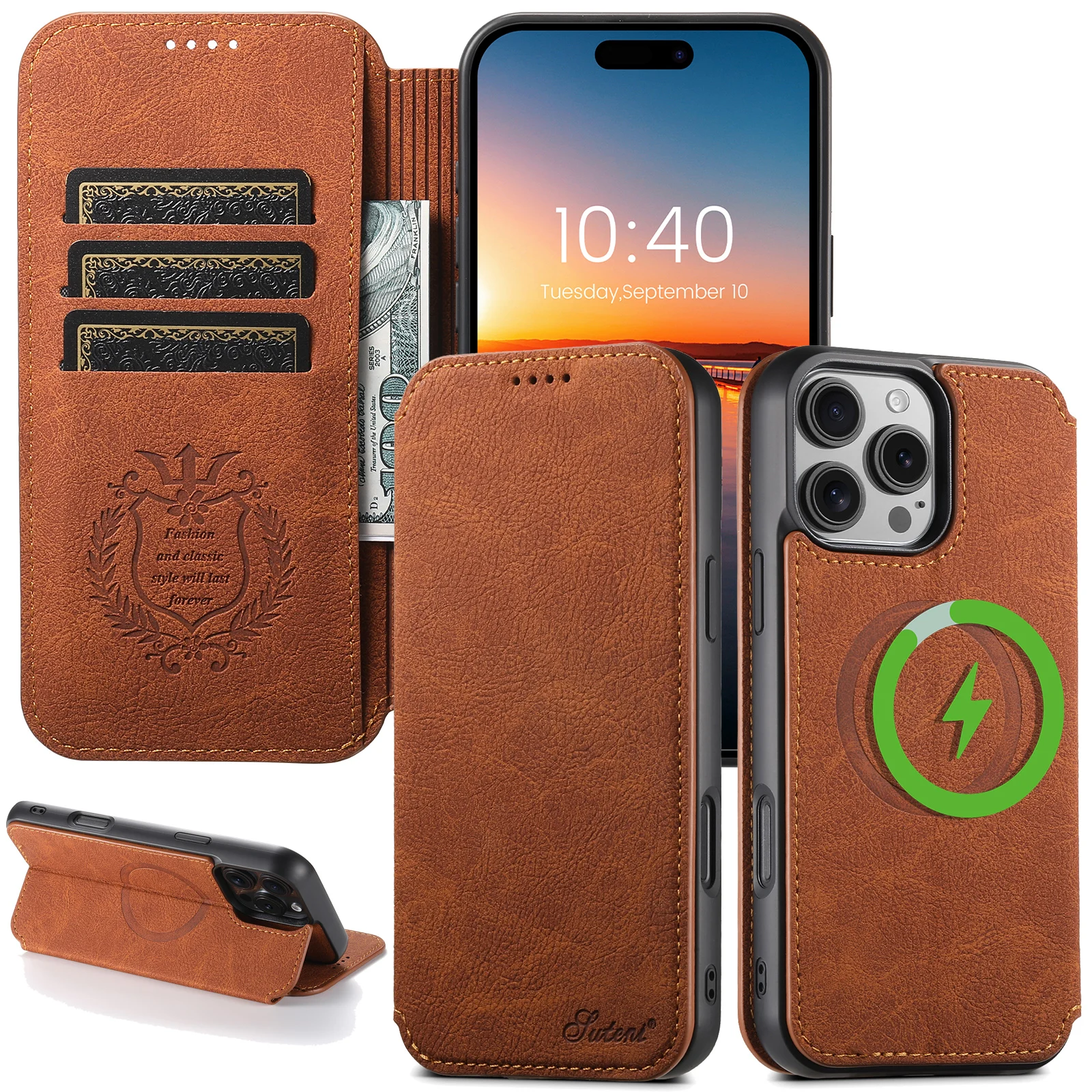 

Flip Cover Phone Case Wireless Charging Faux Leather Card Holder Stand Wallet Magnet For iPhone 17 Pro Max 16 Plus 15 14 13 12