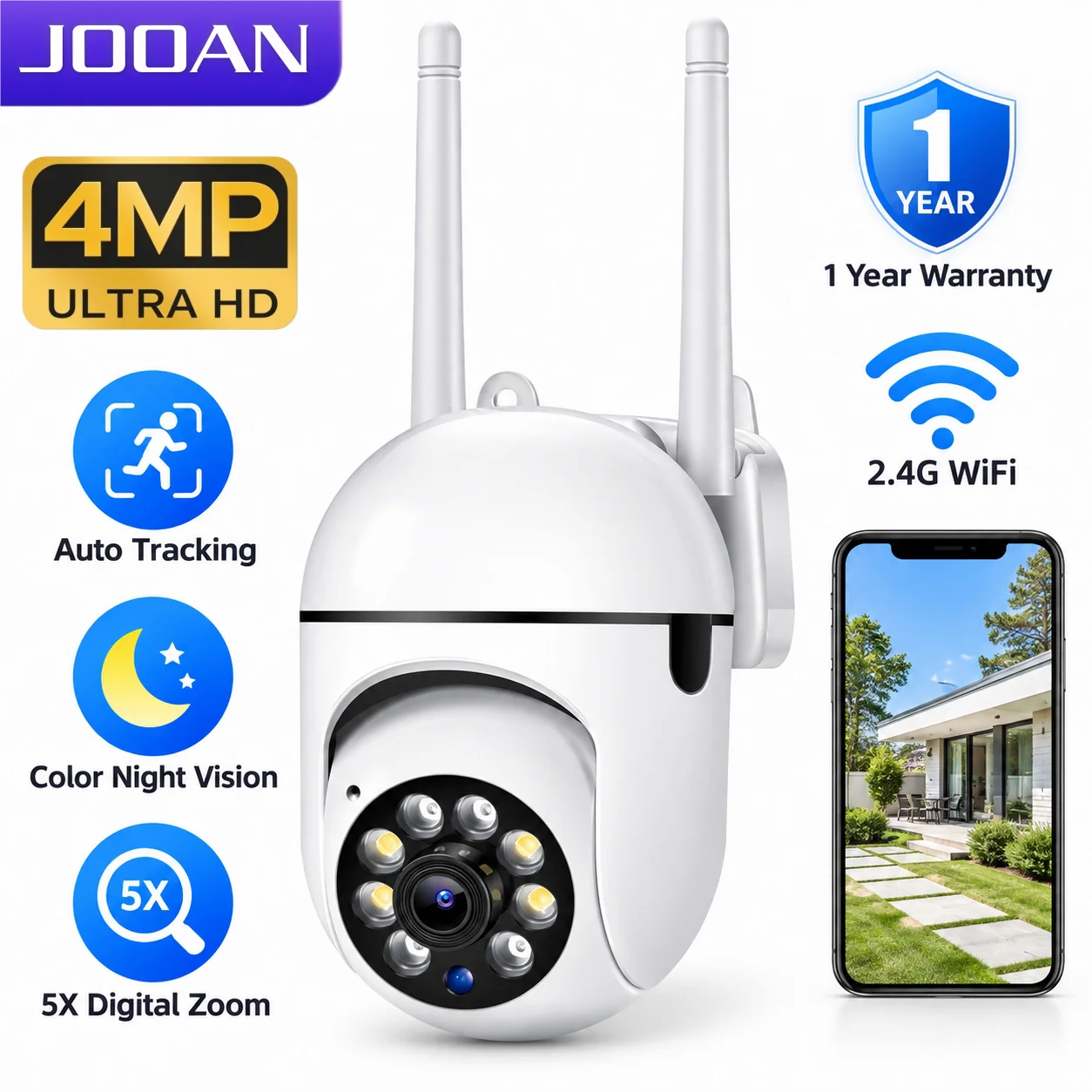 JOOAN 4MP WLAN-IP-Kamera für den Außenbereich, 5-facher digitaler Zoom, automatische Verfolgung, Farb-Nachtsicht, Sicherheitsüberwachung, PTZ-Kamera