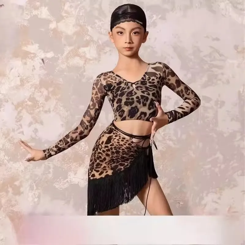 Vestido de Baile Latino para Niñas, Estampado de Leopardo, Manga Larga, Traje de Cha Cha Samba, Estilo Latinoamericano
