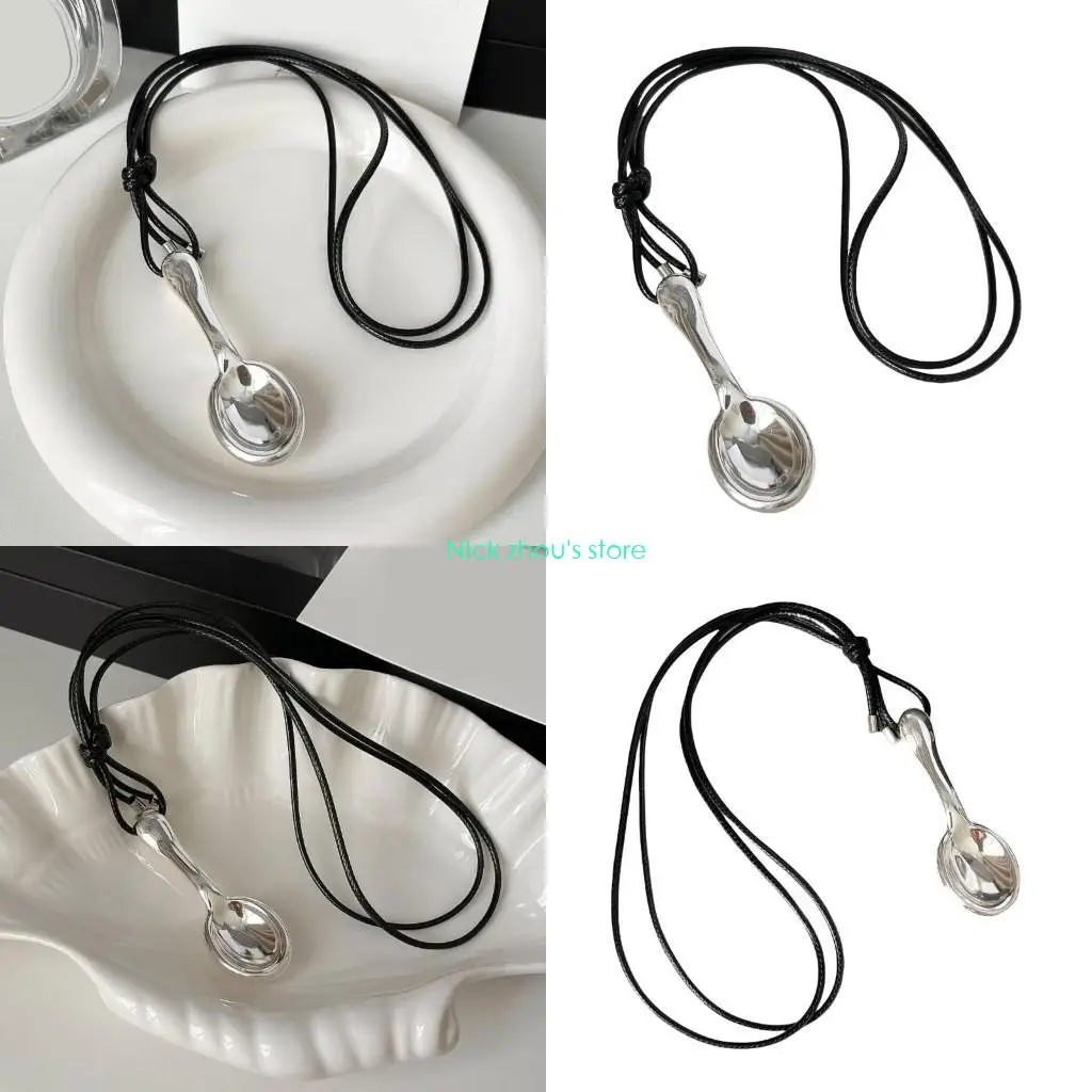 E15E Stylish Silver Spoon Necklace Neckchain Accessory with Handcrafted Weave for Art Lovers and Collection