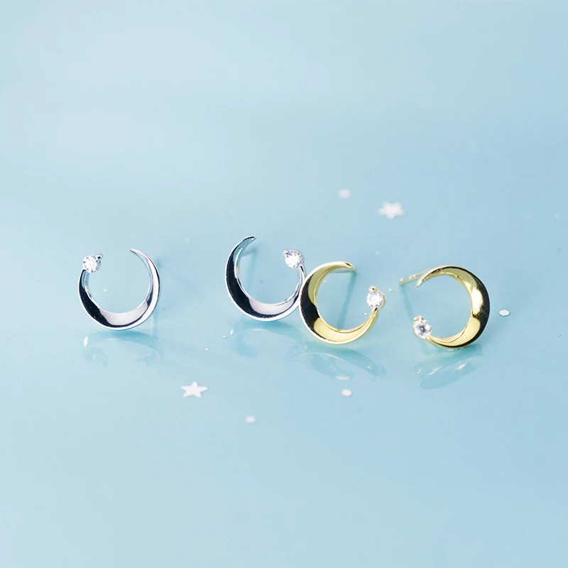 MODIAN Minimalism Gold Color Crescent Stud Earring for Women 925 Sterling Silver Shiny Clear CZ C-Shape Ear Pin Fine Jewelry