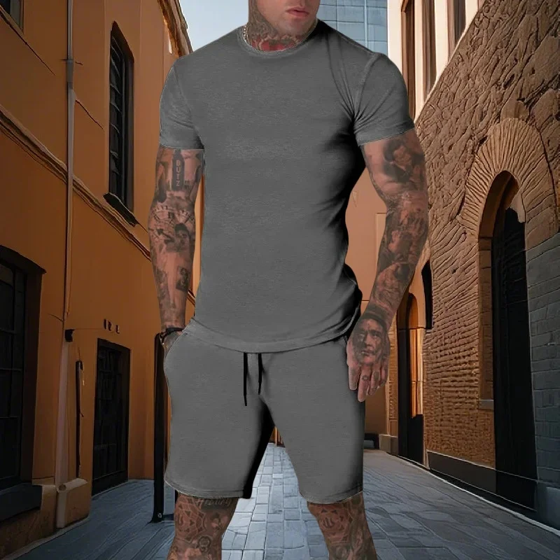 

25Summer men's Clothing Two Pieces Sets Mens Casual Tracksuit Men Print short sleeve Sets mens t-shirt+shorts Fitness Sportswear