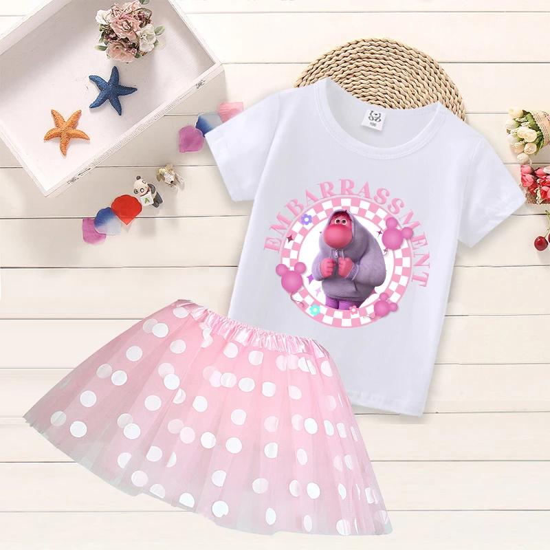 Disney Inside Out 2 Girls Short Sleeve T-shirt Cartoon Cute Skirt Children Anime Printed Tops Casual Skirts Summer Kids Clothes