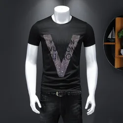 Men's Summer T-shirt New Designer Personalized Trend Mercerized Cotton Large V-Letter Hot Diamond Slim Casual Male Tees Clothing