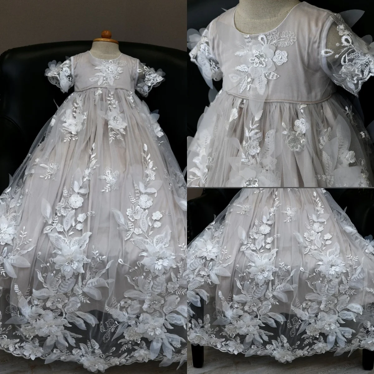 Vintage A Line Baby Christening Gowns Lace Appliques Long Girls Baptism Beads Newborn Kids Birthday First Communion Dresses