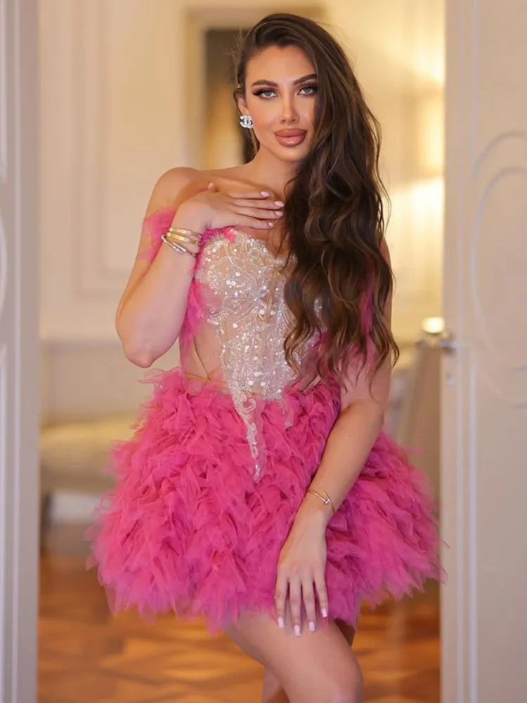 

Women Strapless Backless Mesh Sequins Pink Khaki Skirt Set Birthday Party Costume Bar Nightclub Stage Performance Clothing