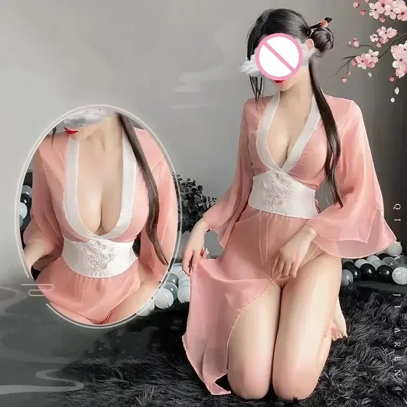 Pink Deep V See-through Hanfu Dress for Women Sexy Lingerie Costumes Chinese Antique-Style Elegant Dresses with Thongs Set