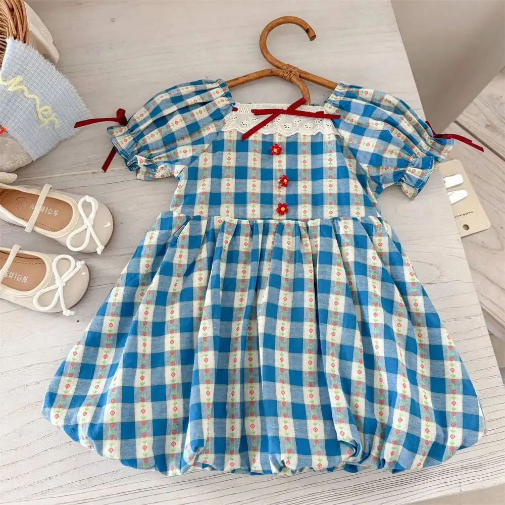 

Children's short sleeved dress summer new style girls' blue checkered French flower bud princess dress