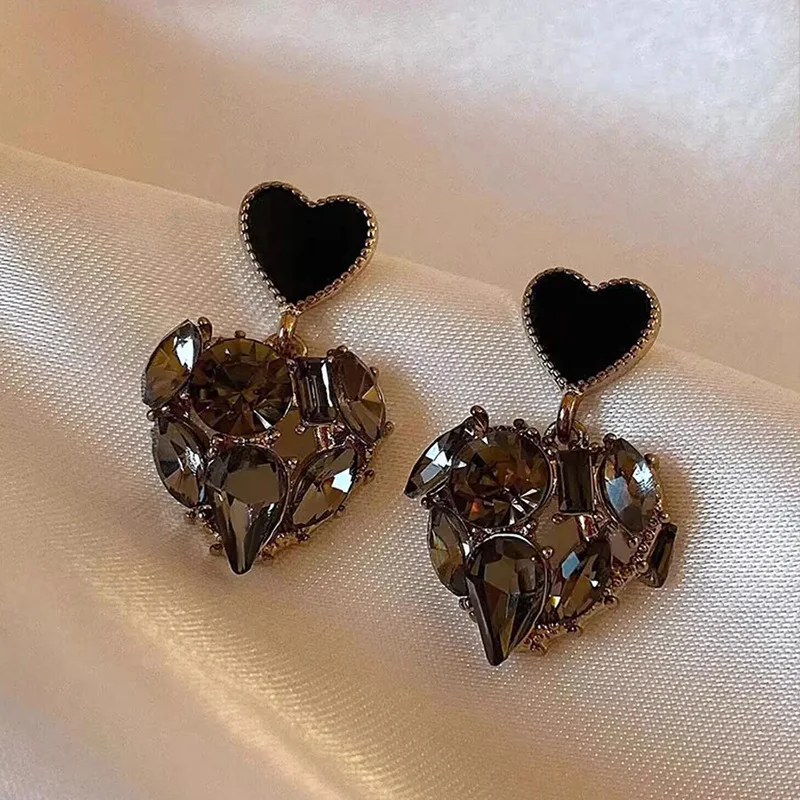 

New Fashion Black Rhinestone Drop Earrings For Women Trendy Crystal Double Heart-shaped Pendant Earrings Party Jewelry Gifts