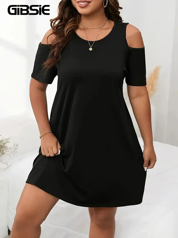 

GIBSIE Plus Size Cold Shoulder O-Neck Women Summer Dress Black Loose Short Sleeve Female Casual A-line Mini Dresses 2024 New