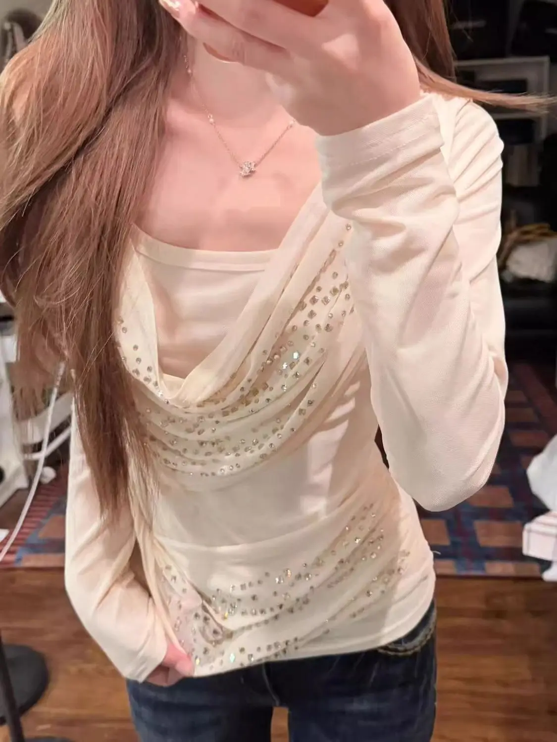 Kimutomo 2026 Autumn New French Mesh Patchwork Rhinestone Halter Neck Long Sleeve T-Shirt Women Slim Fit Elegant Base Layer Top