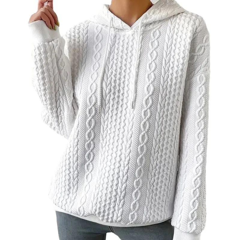 Women's Oversized Medium Weight Long Sleeve Solid Color Hoodie with Drawstring Casual Mid-Length Jacquard Women's Sweatshirt