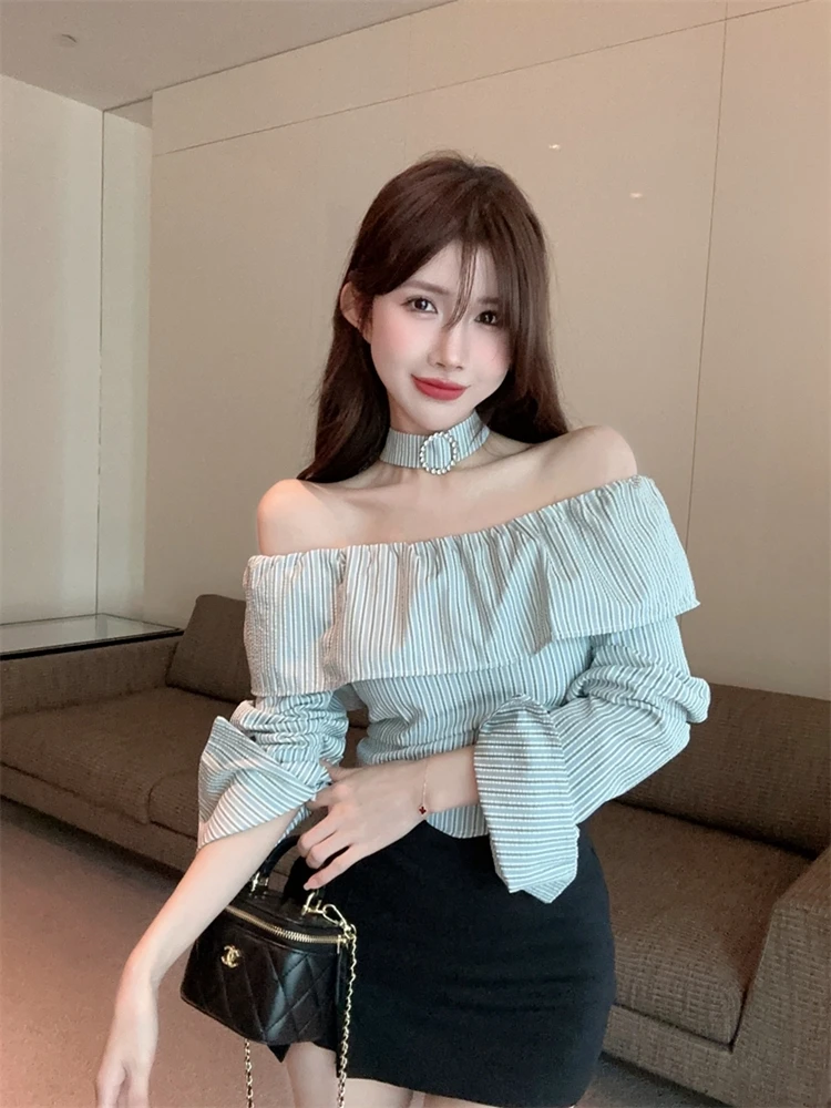 Sexy Off Shoulder Shirt Women Blue White Striped Slash Neck Slim Blouse Fashion Chic Lace-Up Long Sleeve Autumn Tops