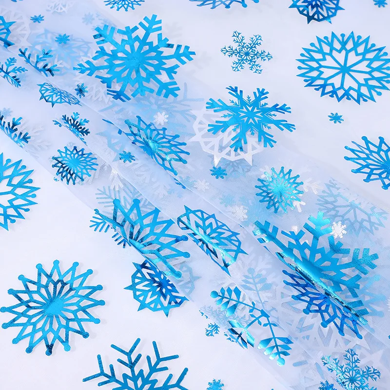 Organza bronceado azul gran copo de nieve tela navideña ropa para niños juguetes ropa de rendimiento tela