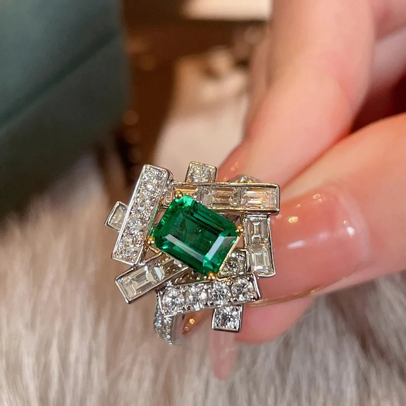 925 sterling silver high-end light luxury emerald rectangular diamond ring for women, versatile temperament, sweet jewelry gift