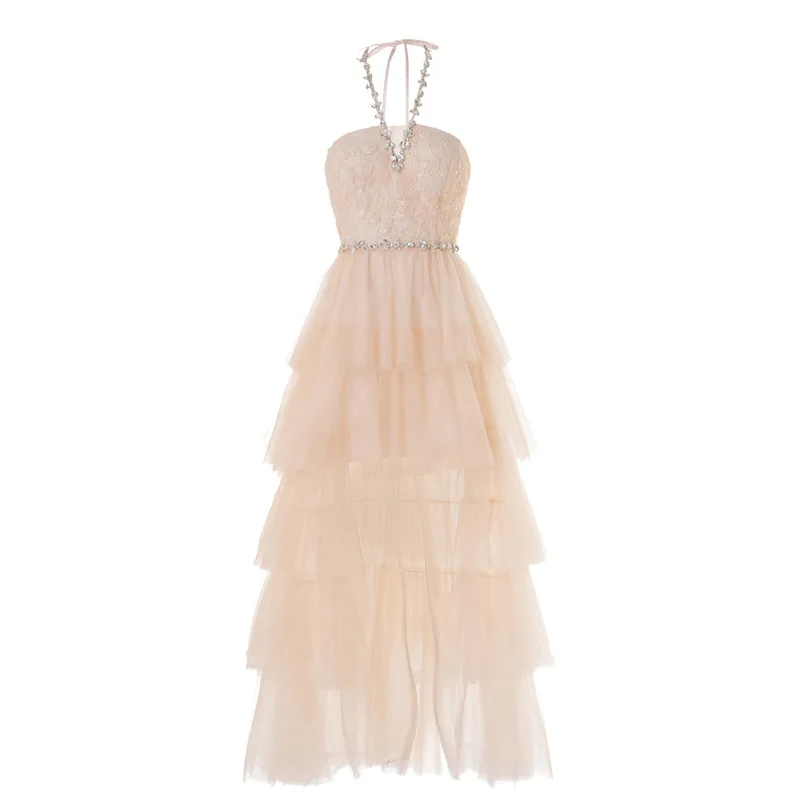 

Fairy Cake Dress 2025 Spring and Summer New Style Elegant Socialite Dinner Nail Bead Hanging Neck Daily Trendy Banquet Dress