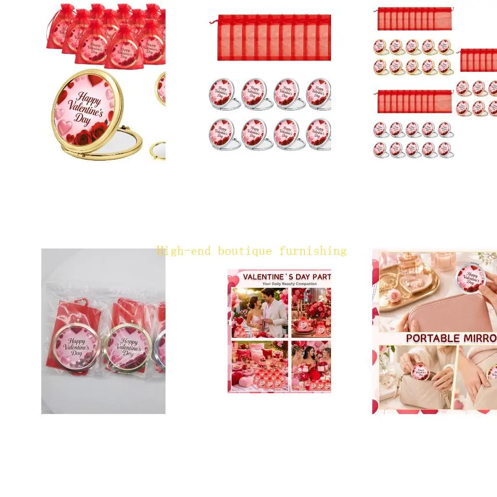 L9NB Portable Round Mirror Set with Heart Rose Print, Folding Purse Case and Two Panel View for Carry Bags, Tables, and Carry