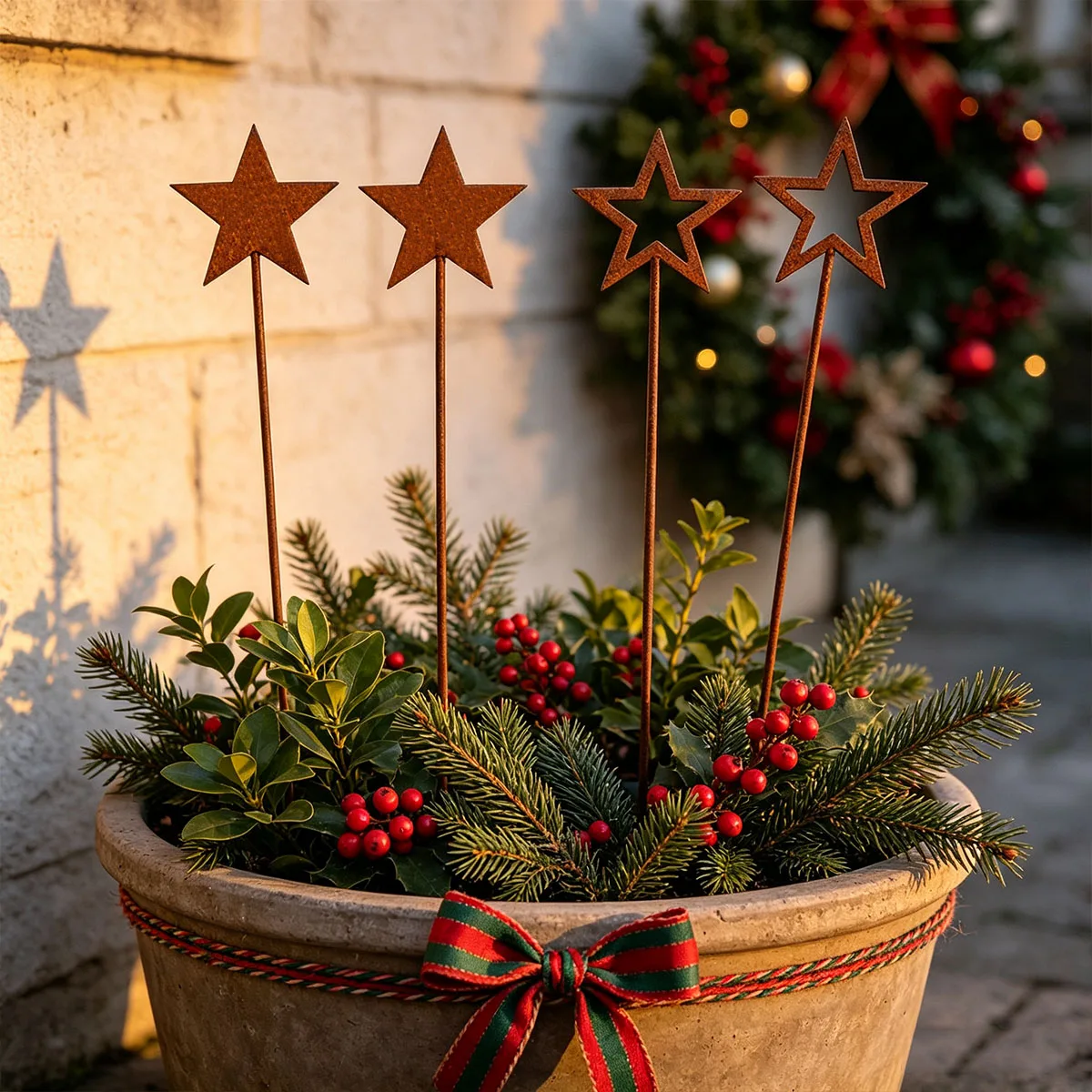 Vintage Iron Art Five-Pointed Star Flower Pot Decoration, Distressed Metal Star Stake, Christmas Holiday Potted Plant Flower Arrangement Ornament, Home Garden Green Plant Decoration, Christmas Green Plant Potted Deskto