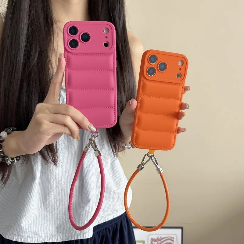 

Soft Down Jacket Feather Solid Case for iPhone 17 16 15 14 13 12 11 Pro Max Plus Leather Wrist Hand Strap Bread Shockproof Cover