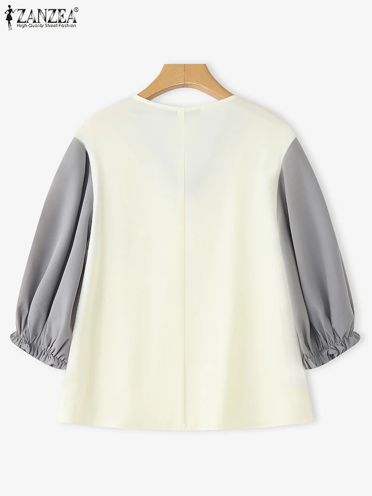 ZANZEA 2025 Elegant Blouse Autumn Lantern Sleeve Women V-Neck Color Patchwork Casual Shirts Fashion Office Lady Korean Blusas