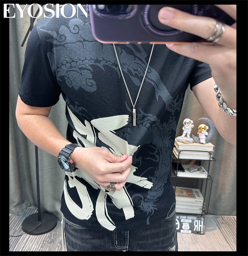 Men\'s Short Sleeved T-shirt Cotton Summer the 2024 Year of the Loong Printed Design Casual Purple Men Tee Top Tee 4XL
