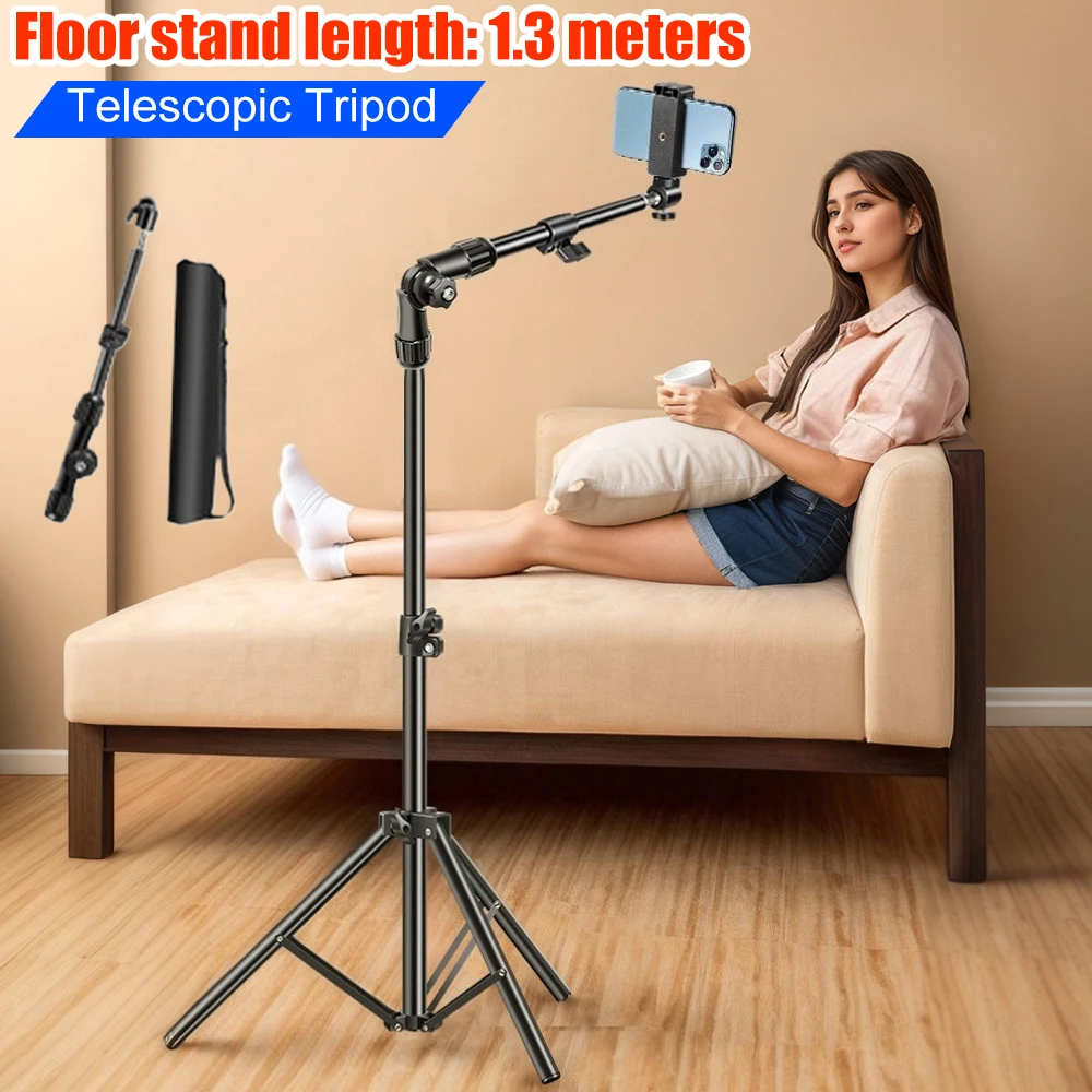 Phone Tripod Adjustable Horizontal Overhead Tripod Horizontal Stand for Recording/Watching/Vlog Floor Telescopic Bracket Tripod