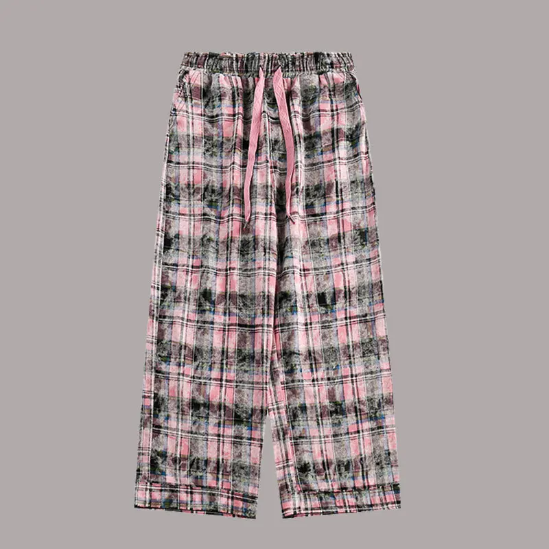 

Streetwear Plaid Wide-leg Pants Men Hip Hop Loose Straight Casual Drawstring Trousers 2023 Korean Style Pleated Pants Y2k Unisex