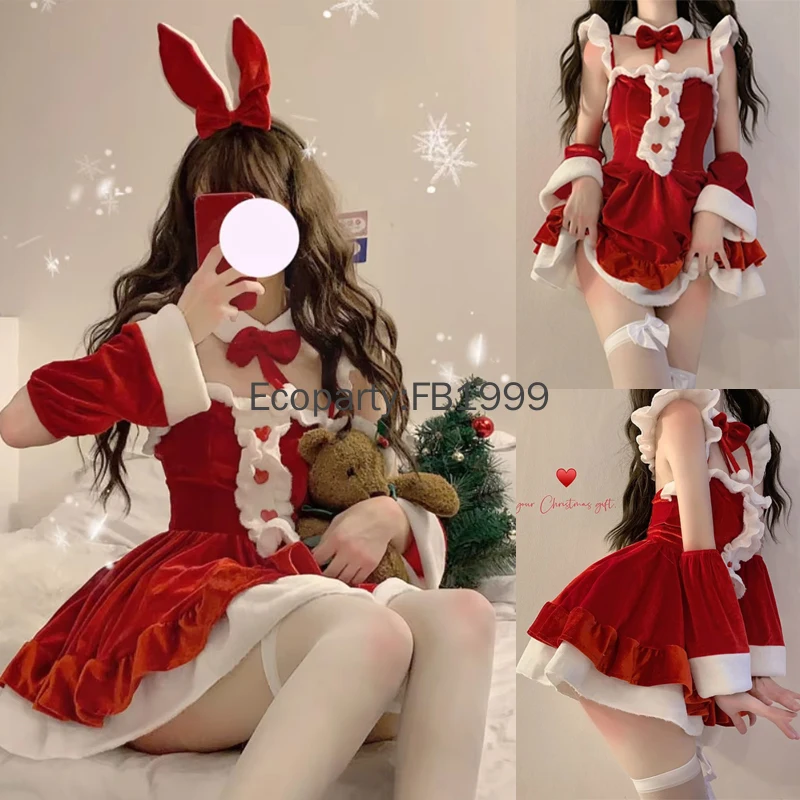 Women Christmas Costume Santa Claus Cosplay Evening Dress Red White Sexy Off Shoulder Dress Headband Suit Xmas Party Outfits