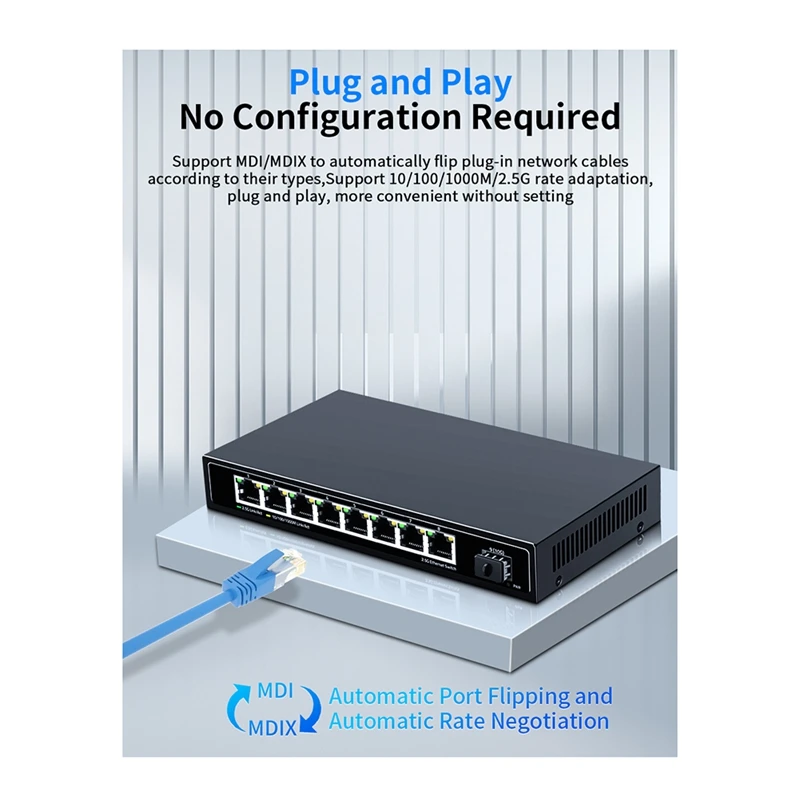 8 Port 2.5G Ethernet Switch 10 Gigabit Uplink Plug And Play Hub Internet Splitter Fanless Network Switch