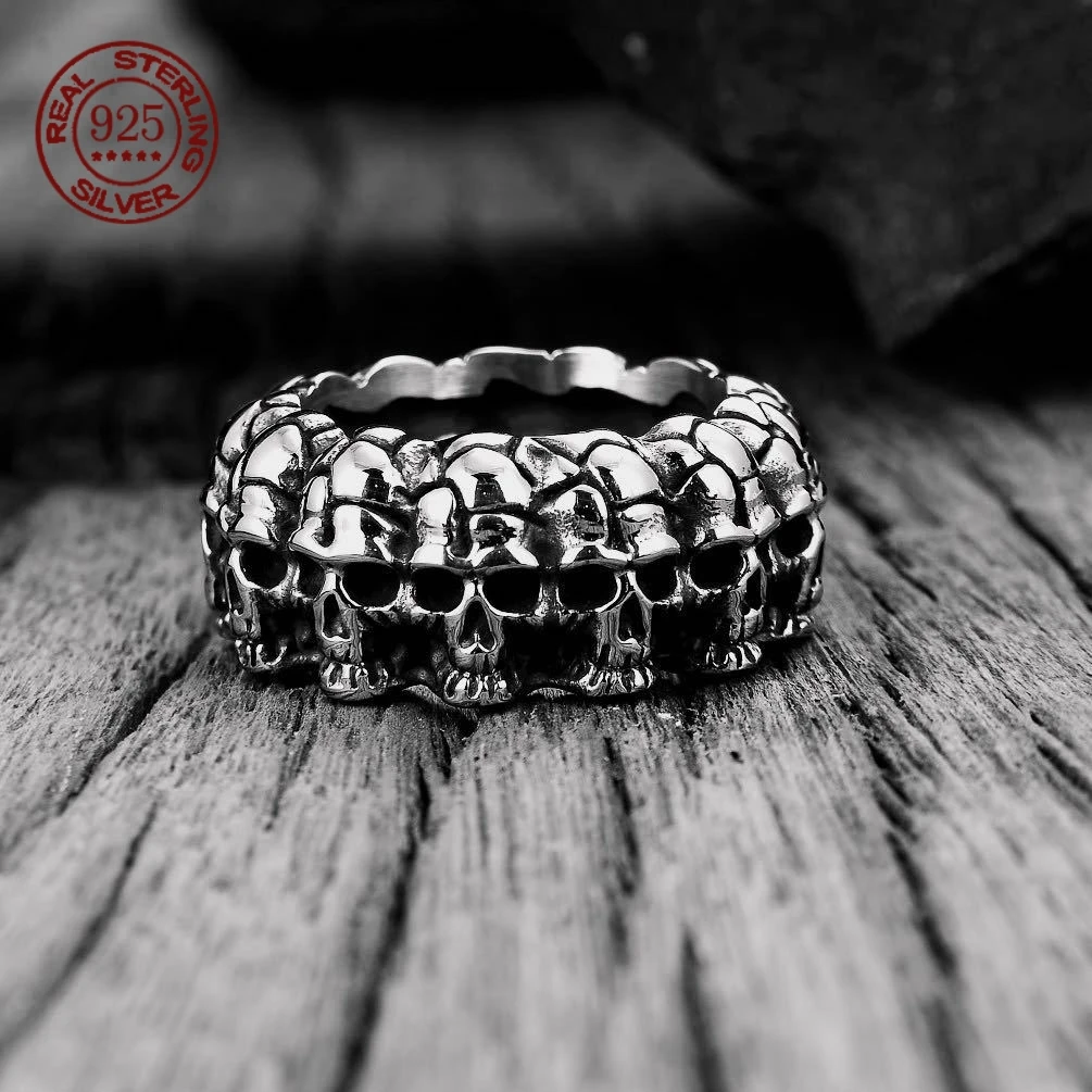 Simplicity Vintage S925 Sterling Silver Smooth Punk Rock Biker  Hip hop Punk Cycle Skull Ring Gift jewelry Factory Price