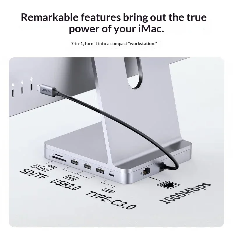 UGREEN 60378 CM522 7-in-1 USB-C Hub for iMac with 3 USB 3.0 Ports Gigabit Ethernet SD TF Card Reader