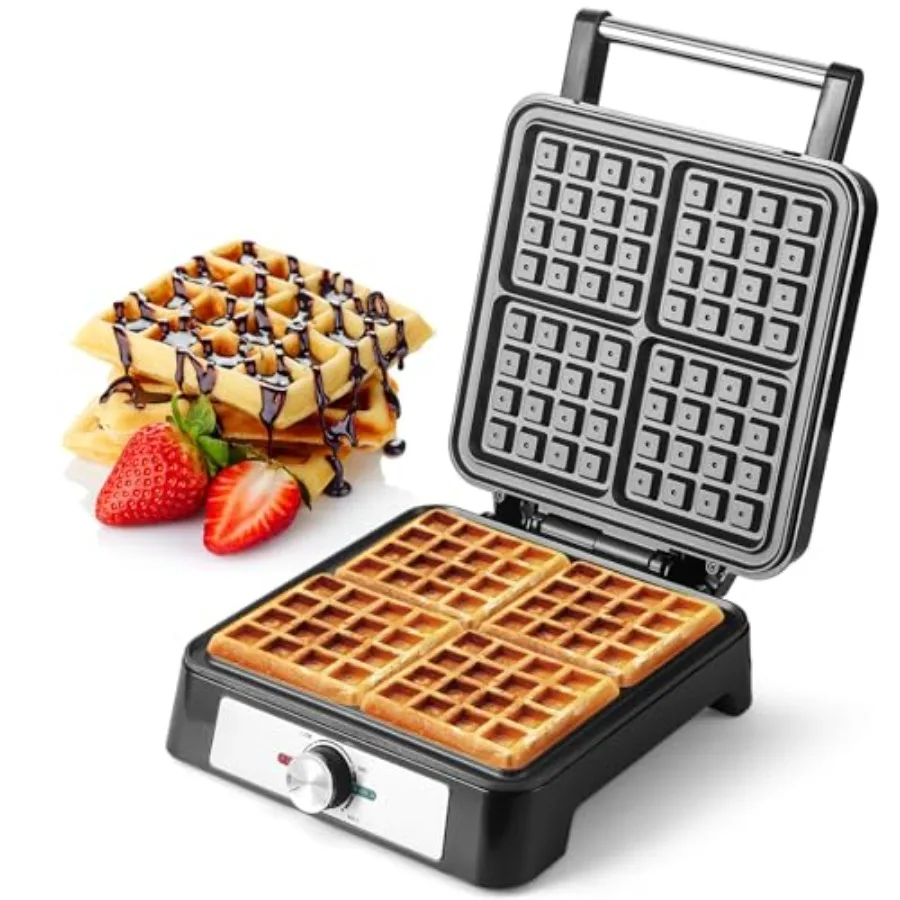 

Belgian waffle maker for home breakfast use, non-stick coated plates, black color, fast 1200W heating with 3 browning levels an