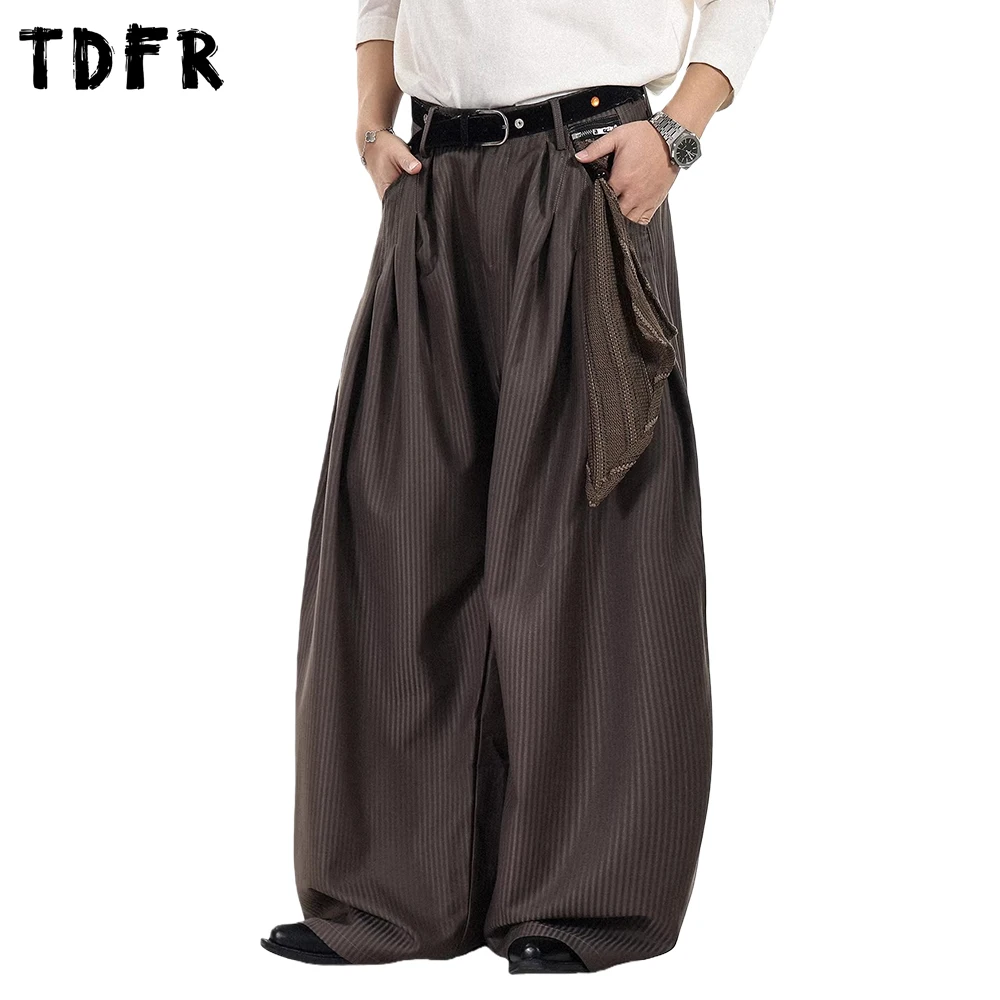 Vertical Stripes Pleated Suit Pants Mens Pocket Retro Casual Baggy Wide Leg Trousers Man Slacks