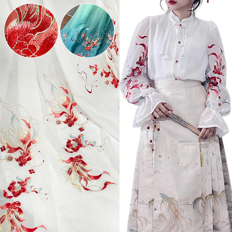 100*150cm Koi Lotus Embroidery Fabric For Sewing Ancient Hanfu Dress Horse Face Skirts Stage Costume Chinese Designer Fabric