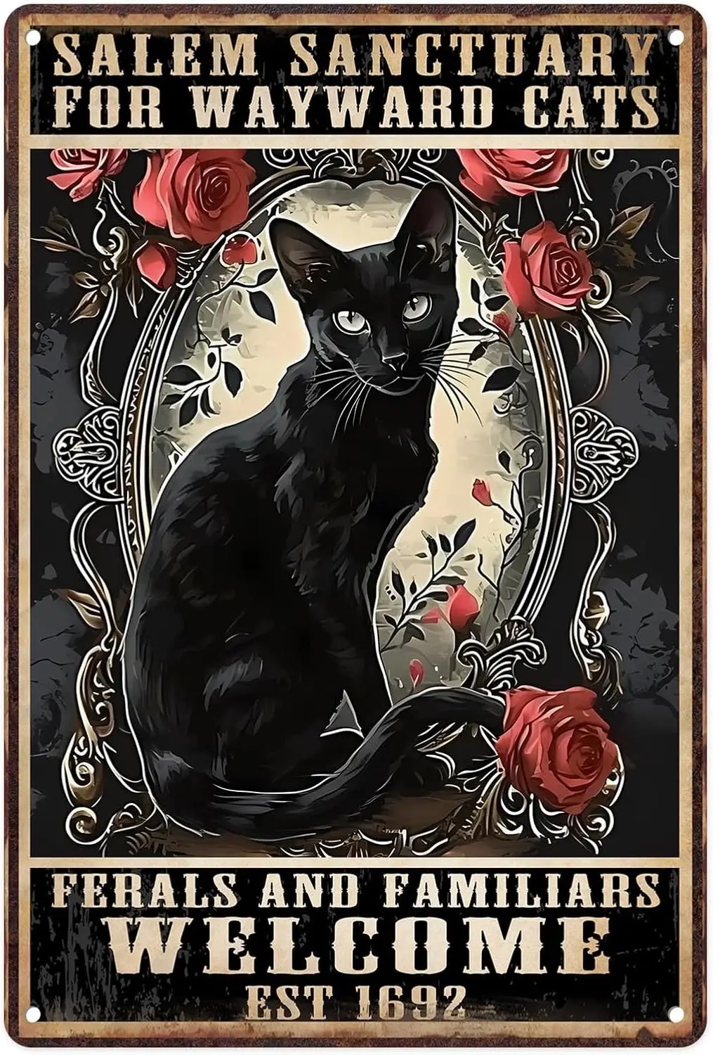 Metal Sign 8X12 Inch, Witch Black Cat Sanctuary Wayward Vintage Tin Sign Wall Art Decor for Home, Living Room, Kitchen, Ga