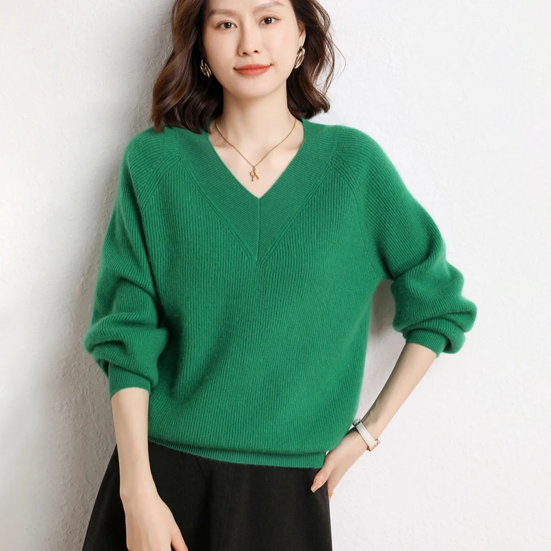 High Quality Winter Women Clothing 100% Goat Cashmere Thick Sweaters V-neck Ladies Long Sleeve Soft Knitwears