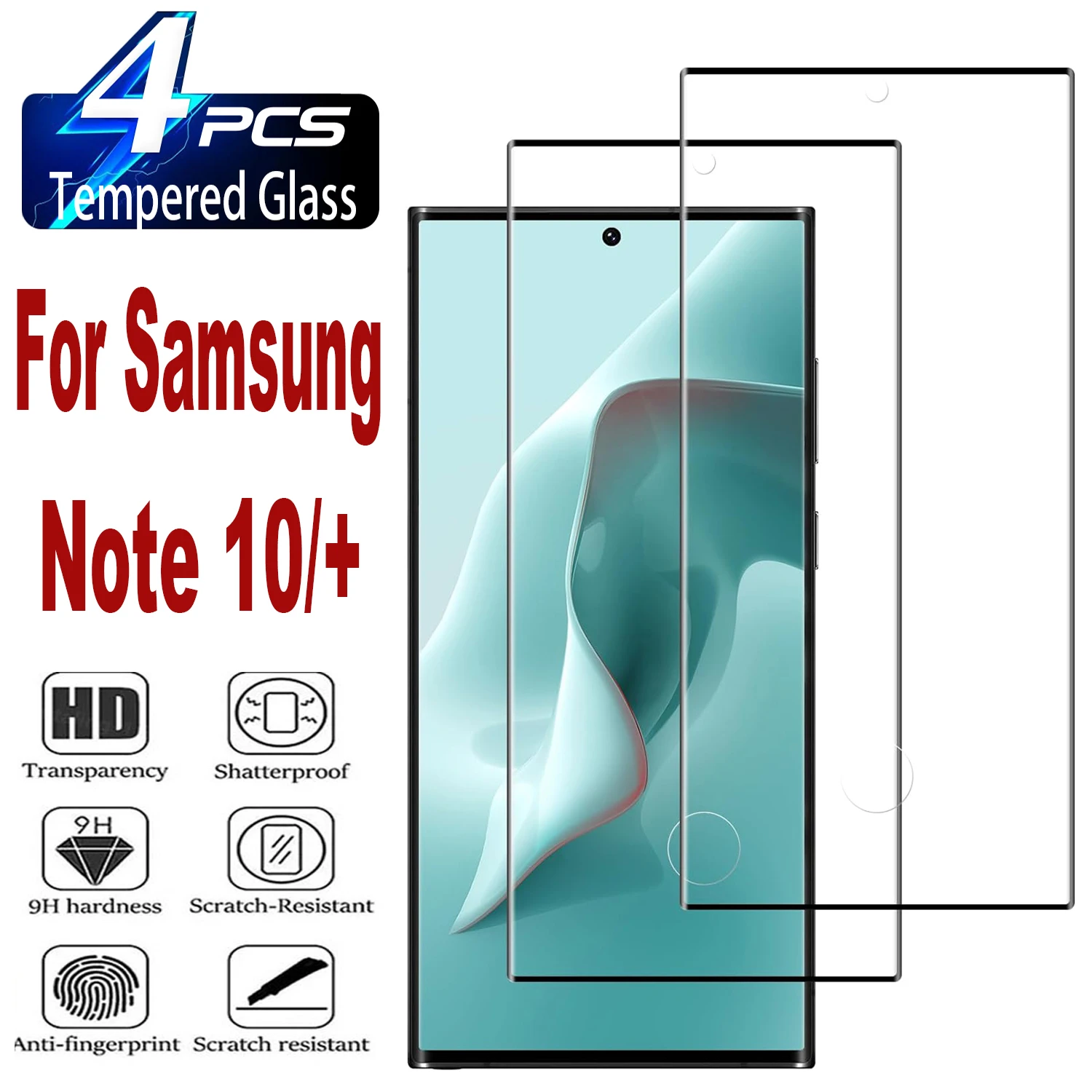 Vidrio templado con pegamento de cuatro lados curvo 9H para Samsung Galaxy Note 10 + HD, Protector de pantalla, 2/4 Uds.