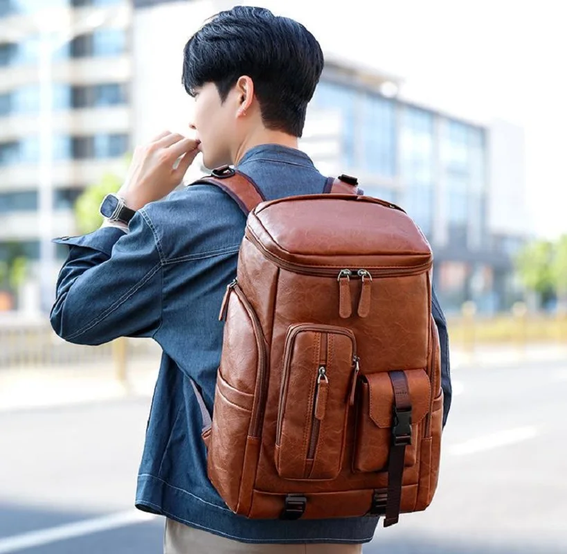 

2026 Korean New Fashion Men's High Capacity Outdoor Travel Hiking Backpacks Leather Double Shoulder Bags School Bag Backpack