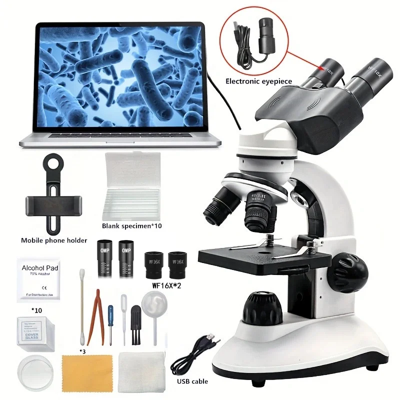 

40X-1280X Compound Binocular Microscope, Dual LED with USB Camera, Slides, Phone Mount & Specimen Kit