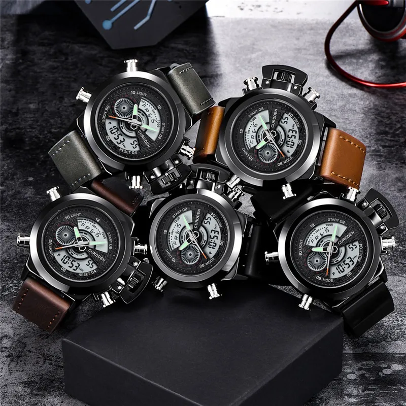 Genuine CURDDEN Big Brand Men Watches Black Students Fashion Casual Leather Band Sports Dual Time Watch Relogio Masculino 2025