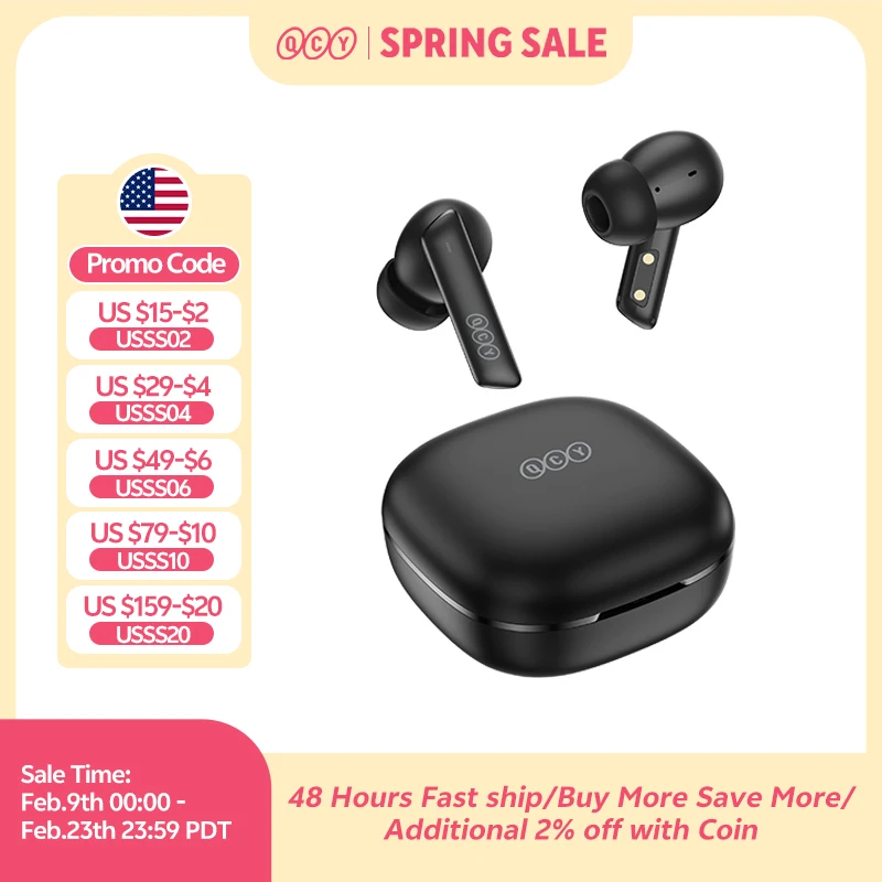 QCY HT05 ANC 무선 이어폰, 40dB 노이즈 캔슬링, 블루투스 5.2, 6개 마이크, ENC, HD 통화, TWS 이어버드, 투명 모드