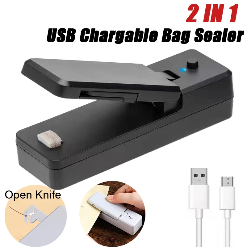 

2-in-1 USB Mini Bag Sealer Chargable Heat Sealers Rechargeable Handheld Vacuum Heat Sealers Cutter for Plastic Bag Storage Food