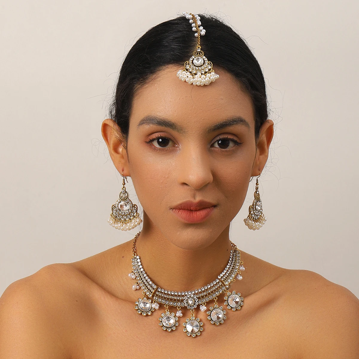 Luxury Gold Color Round Crystal Jewelry Set Vintage Earring Necklace Forehead Headdress Dubai Bridal Wedding Jewelry Accessories