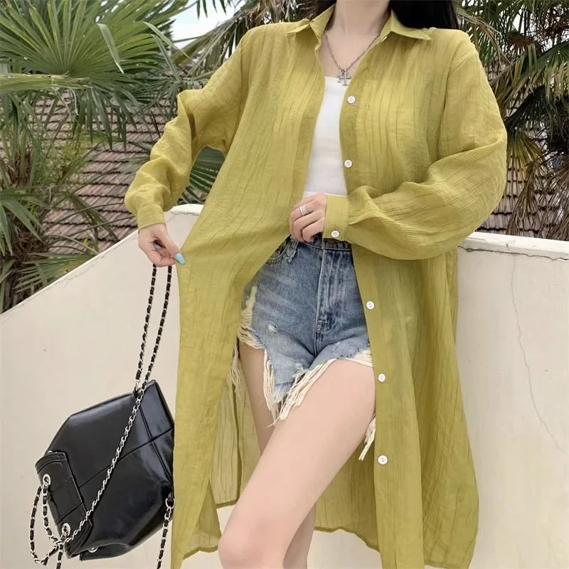 Medium-length White Chiffon Sunscreen Shirt Woman Summer Muslin Cardigan Shirt Large Coat See Through Ice Silk Top Shirts Women