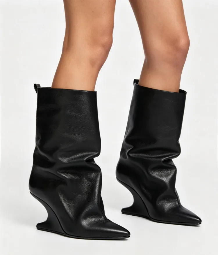 Damen-Stiefeletten mit spitzer Zehenpartie und dickem Absatz, Damen-Kurzstiefel, Herbst- und Winter-Keilabsatz-Stiefel, modische Wadenlange Stiefel, Damenstiefel in Übergrößen