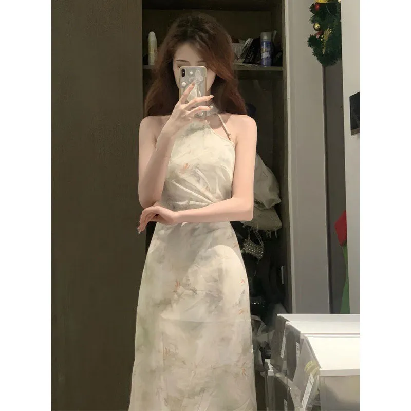 

Retro Chinese Style Printed Halter Dress Women's Summer Sleeveless Long Dress Double Layer Neckline No Brand Silk Double Gauze
