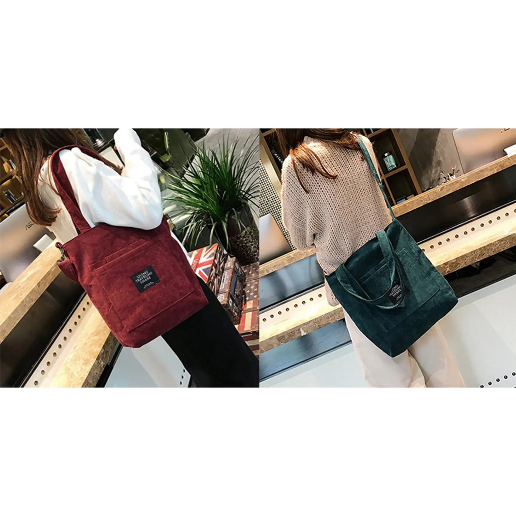 

【SEE】2 Pcs Women Corduroy Canvas Tote Casual Shoulder Bag Shopping Bags Beach Bag Cotton Cloth Female Handbag, Red & Green
